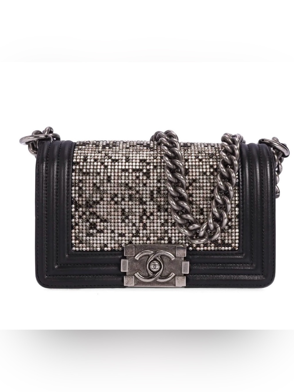 CHANEL Black and Silver Crystal Boy Bag with Chunky Chain